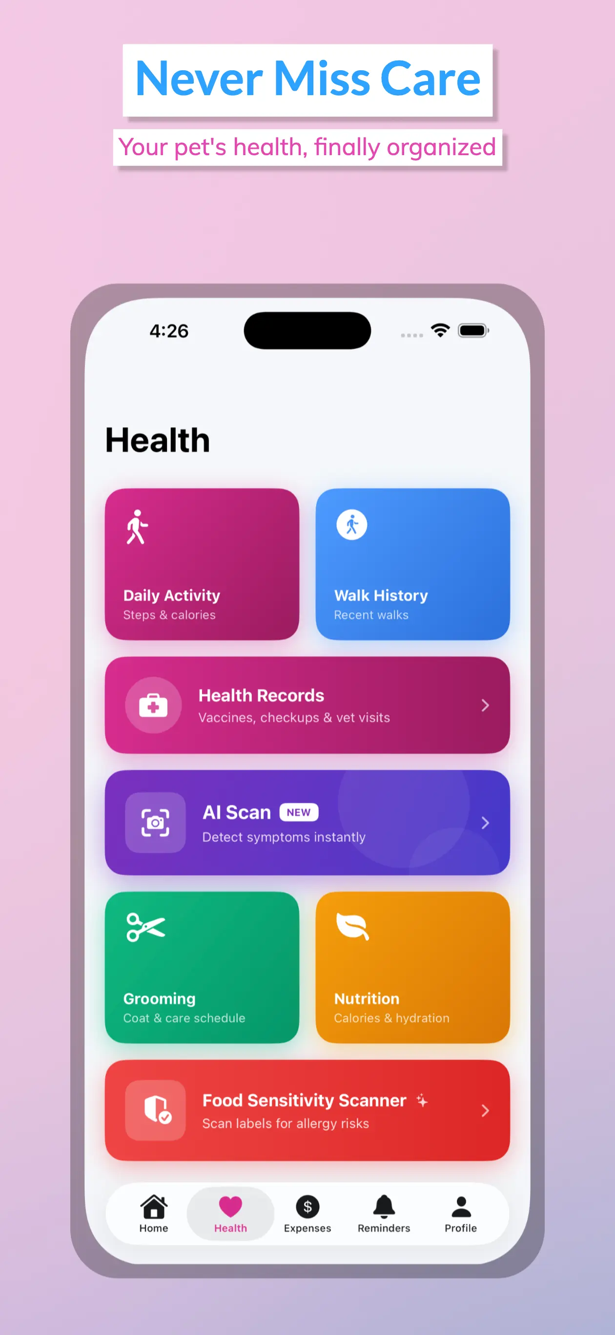 Pet Doc Pro app showing pet health dashboard